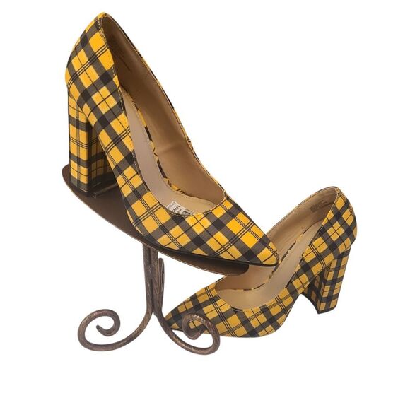JUST FAB Heels Mustard Yellow Bold Plaid Chunky 4" Heels Pointy Toes Size 7.5 - Picture 1 of 14